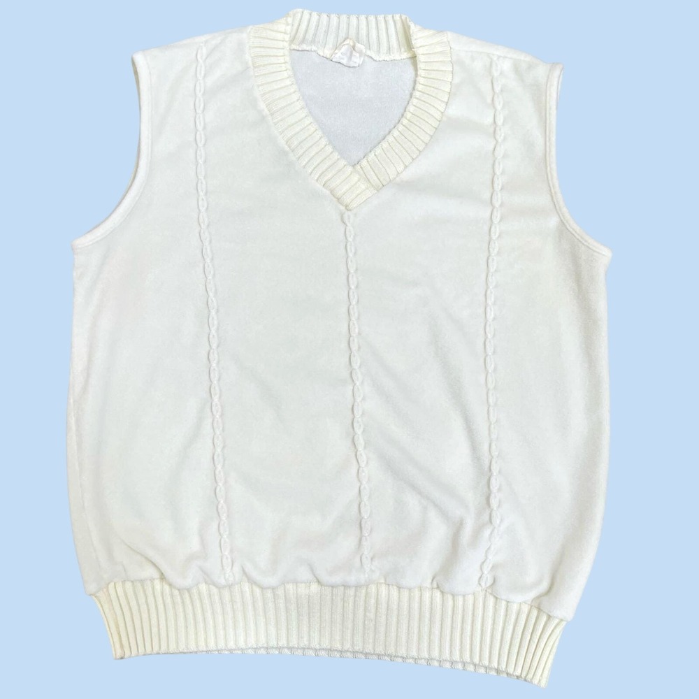 Vintage Sears Perma-Prest Sweater Vest Men L White V-Neck Velour Knit 70s Retro